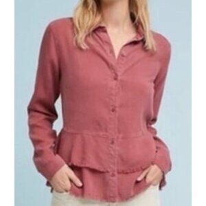Anthropologie Cloth & Stone Womens Rose Button-Up Peplum Shirt W/Frayed Hem XS